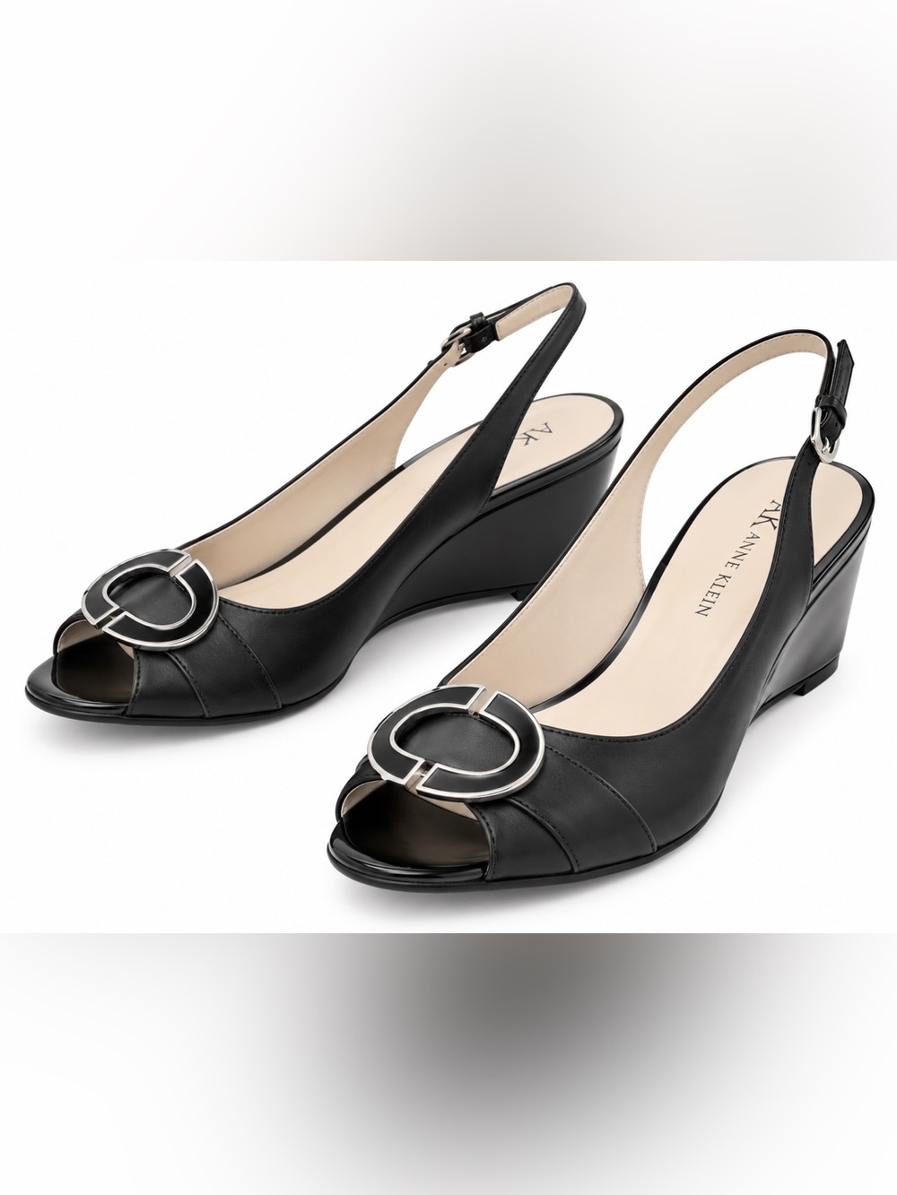 Anne Klein Fabriano Black Leather Slingback Wedge Sandals Size 7M